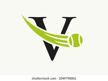 Tennis Logo Design Template On Letter V. Tennis Sport Academy, Club Logo With V Letter 