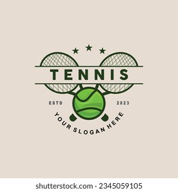 Tennis Logo Design, Tournament Sport, Ball And Racket Vector Simple Silhouette Illustration