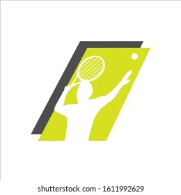 tennis logo design vector icon men player serve to star the match symbol