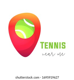 Tennis logo. Geolocation pin. Text tennis near me.