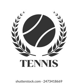 Tennis logo, icon or badge with tennis ball and laurel wreath. Sport symbol design. Vector illustration.