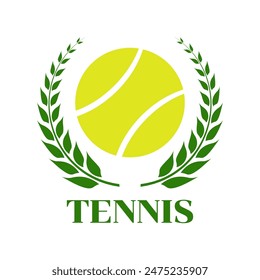 Logo de tenis, icono o insignia con bola de tenis y corona de laurel. Diseño de símbolo deportivo. Ilustración vectorial.