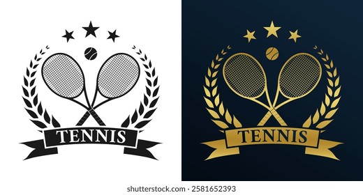 Tennis logo, icon or badge with crossed rackets and tennis ball. Sport symbol design with laurel wreath. Vector illustration.