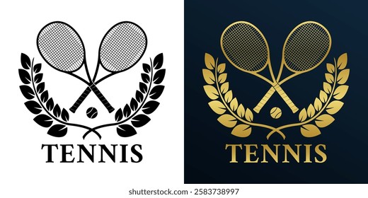 Tennis logo, icon or badge with crossed rackets and tennis ball. Sport symbol design with laurel wreath. Vector illustration.