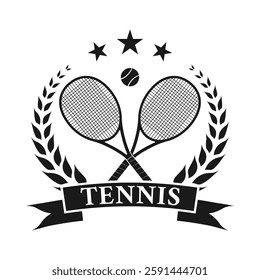 Tennis logo, icon or badge with crossed rackets and tennis ball. Sport symbol design with laurel wreath. Vector illustration.