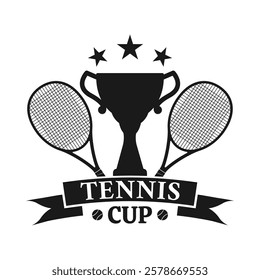 Tennis logo, icon, badge design with two rackets and trophy cup. Tennis club, tournament symbol design. Vector illustration.