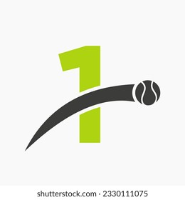 Tennis Logo On Letter 1 With Moving Tennis Ball Icon. Tennis Logo Template