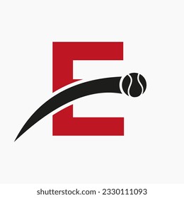 Tennis Logo On Letter E With Moving Tennis Ball Icon. Tennis Logo Template