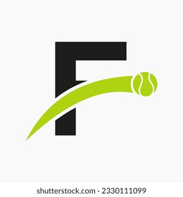 Logo De Tenis En La Letra F Con Icono De Pelota De Tenis En Movimiento. Plantilla de logotipo de tenis