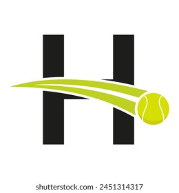 Logo De Tenis En La Letra H Concepto Con Símbolo De Pelota De Tenis En Movimiento. Signo de tenis