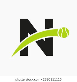 Tennis Logo On Letter N With Moving Tennis Ball Icon. Tennis Logo Template