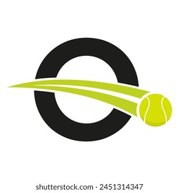 Tennis-Logo auf Buchstabe o Konzept mit beweglichem Tennisball-Symbol. Tenniszeichen