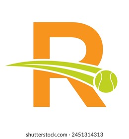 Tennis Logo auf Buchstabe R Konzept mit beweglichem Tennisball Symbol. Tenniszeichen