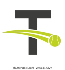 Tennis Logo On Letter T Concept With Moving Tennis Ball Symbol. Tennis Sign