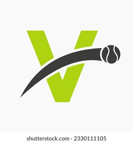 Tennis Logo On Letter V With Moving Tennis Ball Icon. Tennis Logo Template