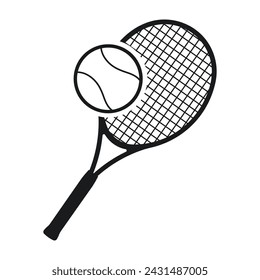 Logo de tenis, raqueta de tenis e ilustración vectorial de pelota de tenis