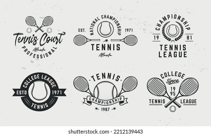 Tennis logo set. 6 Tennis emblems with Rackets and balls icons. Hipster Design. Emblem, poster templates. Vector illustration