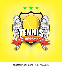 Tennis logo template design. Tennis ball with wings. Vintage Style. Isolated on yellow bubbles background. Vector illustration