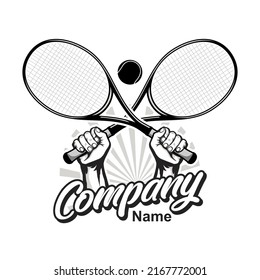 Tennis logo with two hand holding racket and crossed rackets vector inspiration, Design element for logo, poster, card, banner, emblem, t shirt. Vector illustration