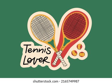 Tennis Lover, sports tools flat vector lettering. Motivational phrase, racquet and ball flat illustration with typography. Tennis equipment doodle drawing isolated on green background