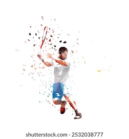 Tenis, tenista poligonal bajo, Ilustración vectorial aislada. Efecto de distorsión. Deportista