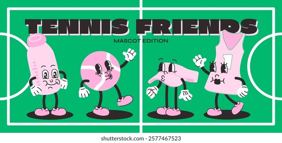 Tennis mascots cartoon poster. Playful tennis equipment characters: ball, racket, bottle, and jersey with expressive faces and gloved hands. Comic sporty friends in doodle retro style, vibrant green