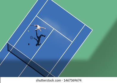 Tennis match on a hard court. Top down view of the sport, vector illustration.