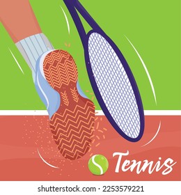 Cartel de partido de tenis con un jugador con una raqueta de tenis Vector