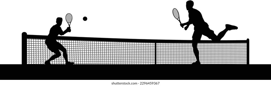 Tennis match silhouette scene with men players playing across net scene