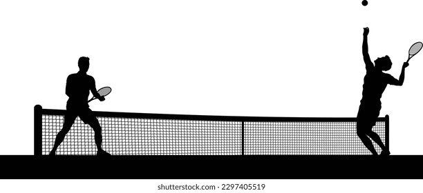 Tennis match silhouette scene with men players playing across net scene