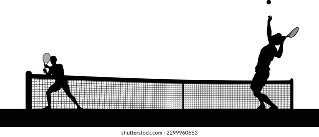 Tennis match silhouette scene with men players playing across net scene