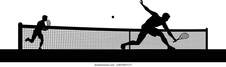 Tennis match silhouette scene with men players playing across net scene