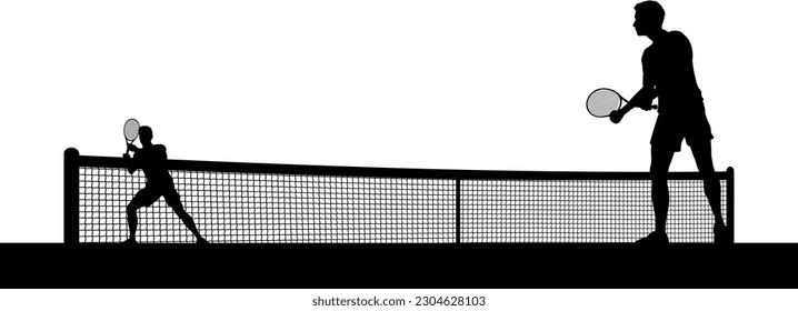 Tennis match silhouette scene with men players playing across net scene