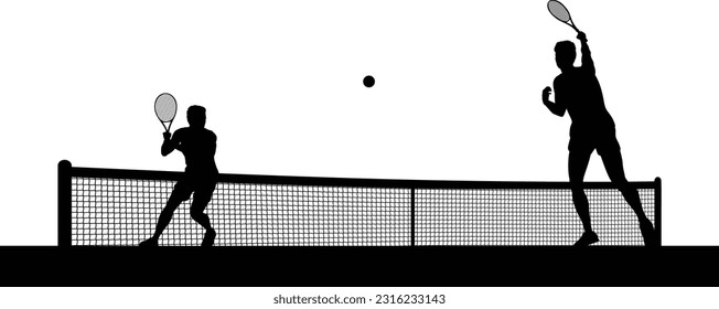 Tennis match silhouette scene with men players playing across net scene