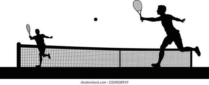 Tennis match silhouette scene with men players playing across net scene