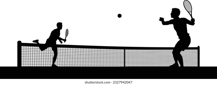 Tennis match silhouette scene with men players playing across net scene