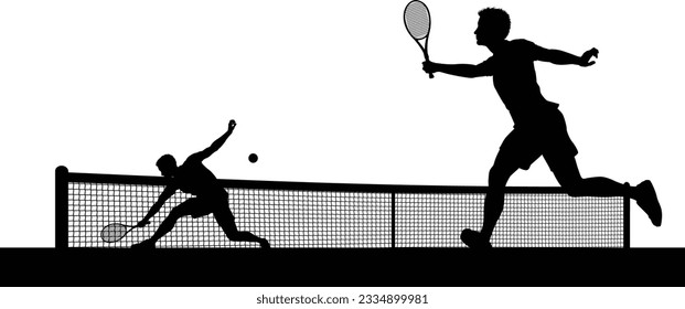 Tennis match silhouette scene with men players playing across net scene