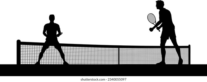 Tennis match silhouette scene with men players playing across net scene