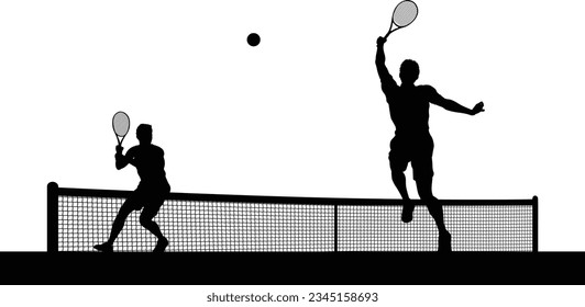 Tennis match silhouette scene with men players playing across net scene