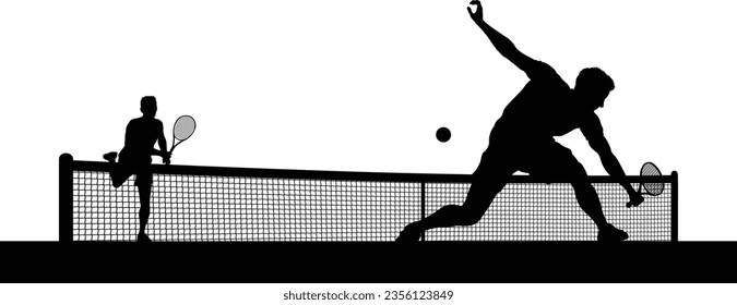 Tennis match silhouette scene with men players playing across net scene