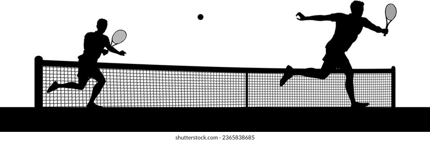 Tennis match silhouette scene with men players playing across net scene