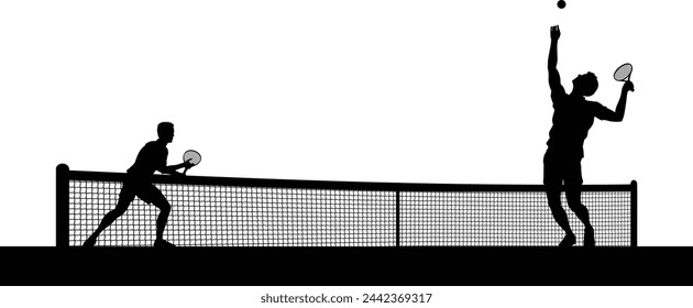 Tennis match silhouette scene with men players playing across net scene