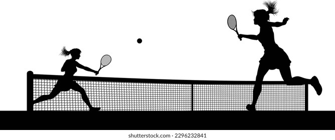 Tennis match silhouette scene with women players playing across net scene