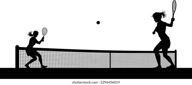 Tennis match silhouette scene with women players playing across net scene