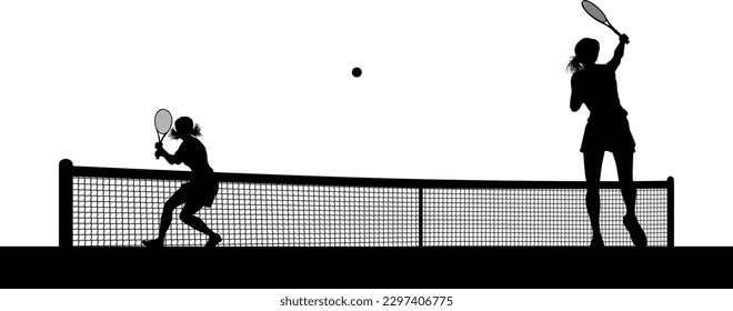 Tennis match silhouette scene with women players playing across net scene