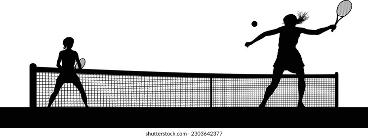 Tennis match silhouette scene with women players playing across net scene