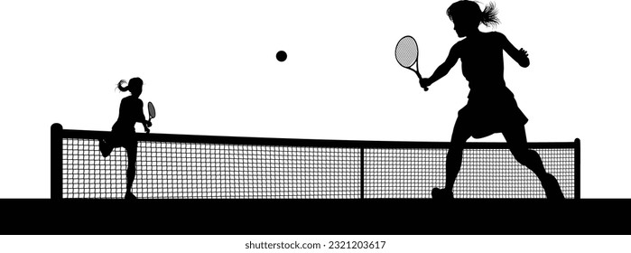 Tennis match silhouette scene with women players playing across net scene