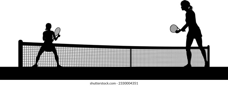 Tennis match silhouette scene with women players playing across net scene