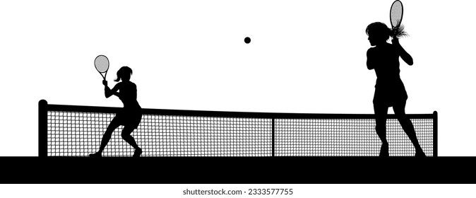 Tennis match silhouette scene with women players playing across net scene