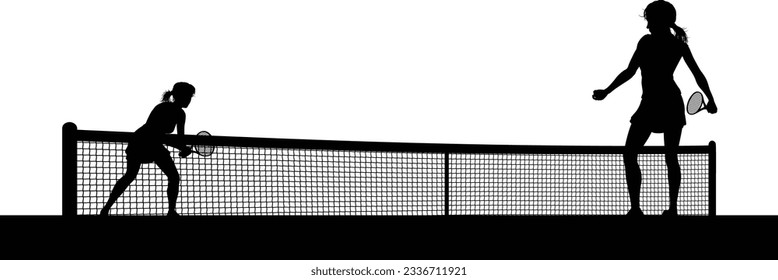 Tennis match silhouette scene with women players playing across net scene